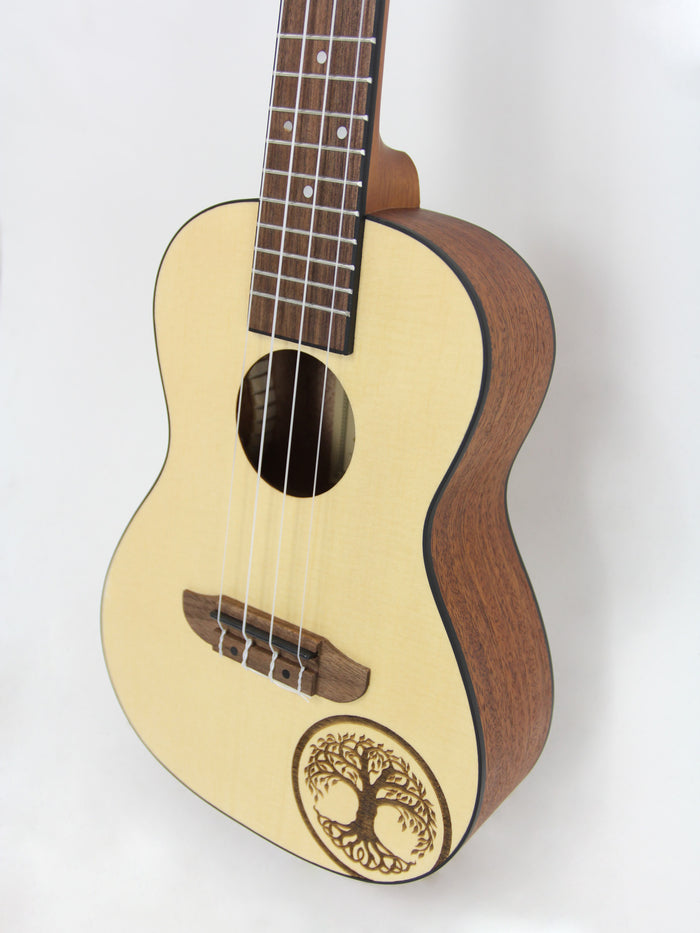 RFEU-4, exclu France, modèle Concert, table épicéa motif Tree of Life, fond & éclisses sapele, manche acajou, naturel satiné