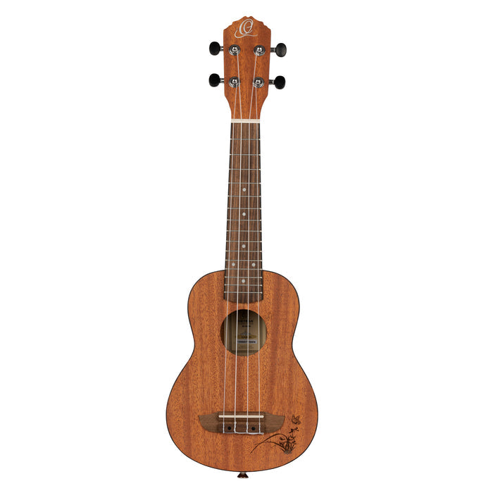 RU5MM-SO, modèle Soprano, table sapele avec motif, fond & éclisses sapele, manche acajou, naturel satiné