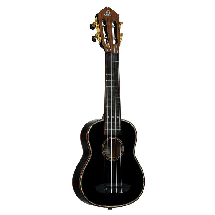 RUOX-SO, modèle Soprano, table épicéa, fond & éclisses acajou, manche acajou, housse luxe, noir brillant