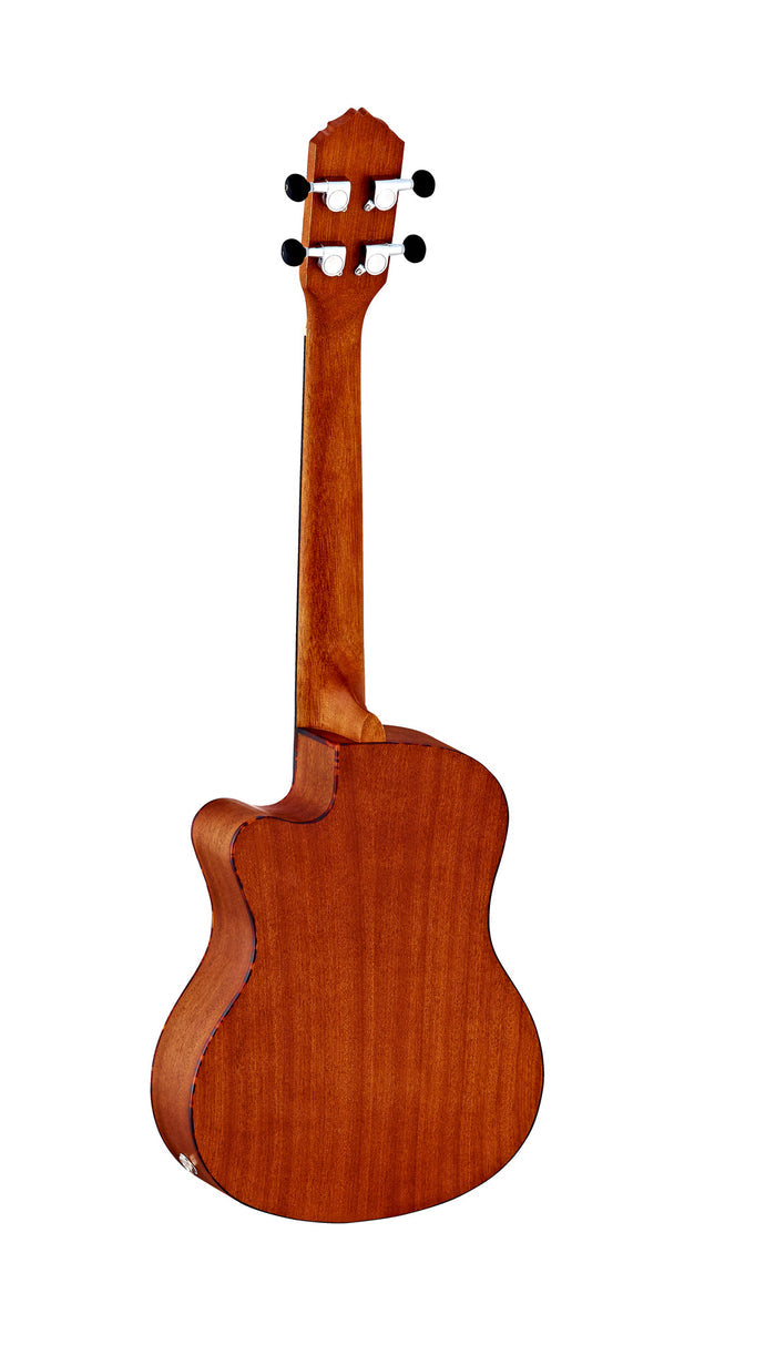 RU5CETE, modèle Ténor pan coupé, EQ MagusUke, table épicéa avec motif, f/e sapele, manche acajou, naturel satiné