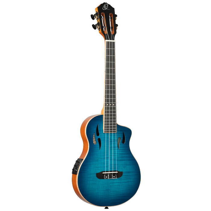 RTPX-U-FMA, modèle Tourplayer Ténor, pan coupé, EQ Magus X/U, table érable flammé, f/e okoumé, manche acajou, housse, bleu