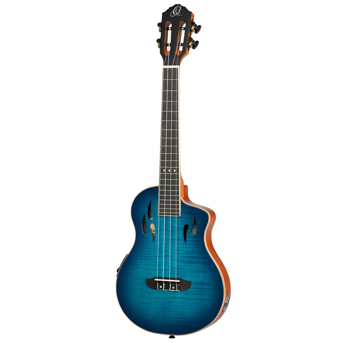 RTPX-U-FMA, modèle Tourplayer Ténor, pan coupé, EQ Magus X/U, table érable flammé, f/e okoumé, manche acajou, housse, bleu