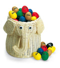 Assortiment 80 oeufs shakers (25 noirs, 10 verts, 15 bleus, rouges et jaunes), panier osier en forme d'éléphant.