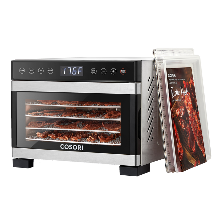 COSORI Premium Mini 5-tray food dehydrator with dried jerky inside