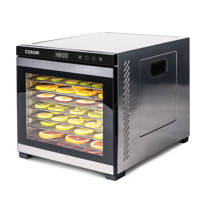 COSORI Premium Pro 10-Tray Food Dehydrator with stainless steel body and glass front door