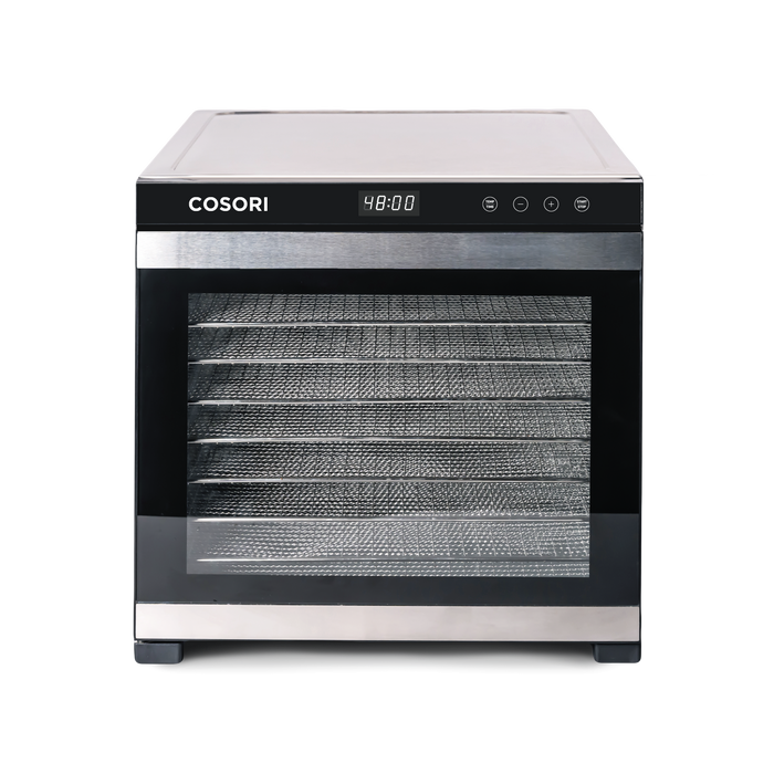 Front view of COSORI Premium Pro 10-Tray Food Dehydrator with stainless steel drying trays