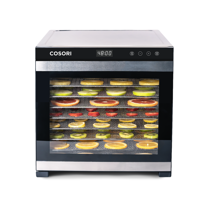 COSORI Premium Pro 10-Tray Food Dehydrator filled with assorted fruit slices during dehydration
