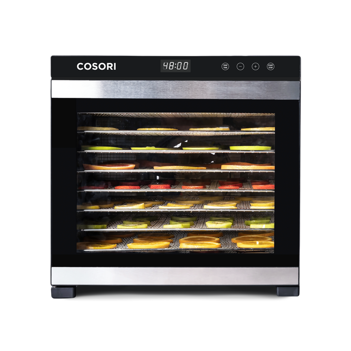 COSORI Premium Pro 10-Tray Food Dehydrator operating with food arranged across trays