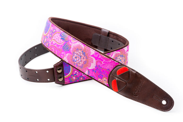 Courroie modèle HOKKAIDO, extérieur synthétique, largeur 6 cm, longueur 100 à 150 cm, porte-médiators intégré, rose