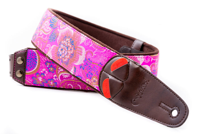 Courroie modèle HOKKAIDO, extérieur synthétique, largeur 6 cm, longueur 100 à 150 cm, porte-médiators intégré, rose
