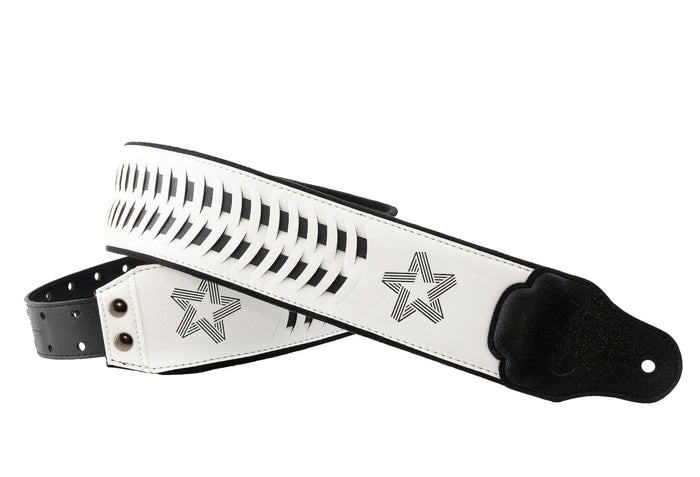 Courroie modèle PAUL TURNER SIGNATURE, extérieur synthétique, largeur 7 cm, longueur 95 à 150 cm, porte-médiators intégré, blanc