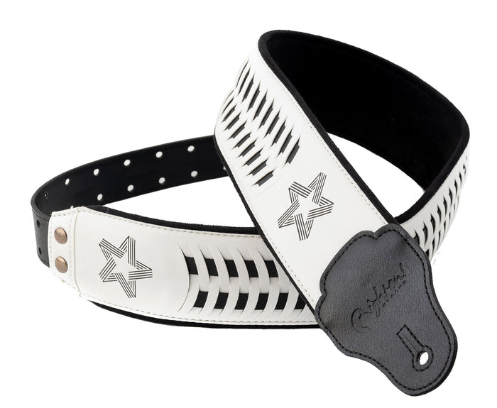 Courroie modèle PAUL TURNER SIGNATURE, extérieur synthétique, largeur 7 cm, longueur 95 à 150 cm, porte-médiators intégré, blanc