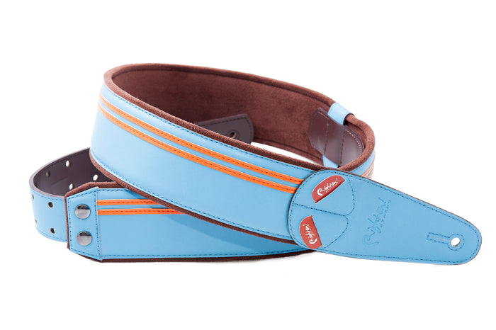 Courroie modèle RACE, extérieur synthétique, largeur 6 cm, longueur 100 à 145 cm, porte-médiators intégré, sonic blue
