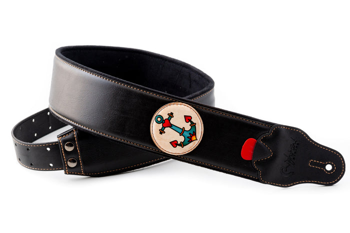 Courroie modèle TATOO ANCHOR, extérieur synthétique, largeur 7 cm, longueur 98 à 153 cm, porte-médiators intégré, noir