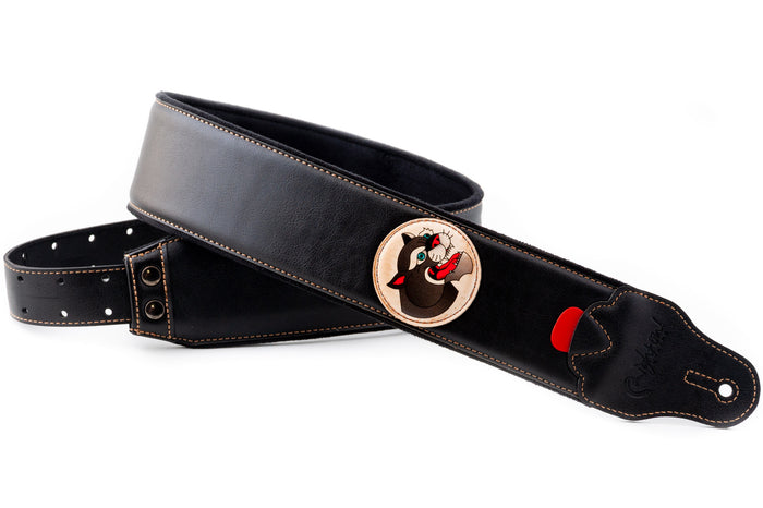 Courroie modèle TATOO PANTHER, extérieur synthétique, largeur 7 cm, longueur 98 à 153 cm, porte-médiators intégré, noir