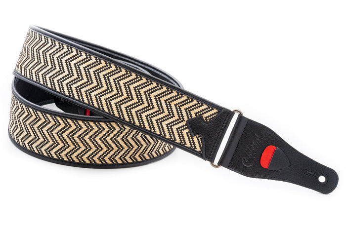 Courroie modèle VICTORIA, fibre naturelle, largeur 6 cm, longueur 95 à 150 cm, porte-médiators intégré, beige et noir