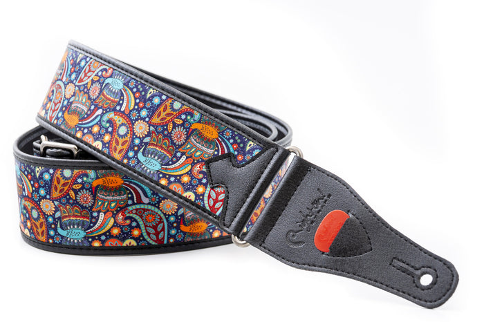 Courroie modèle KASHMIR BLEU, tissu, extrémités synthétique, largeur 6 cm, longueur 90 à 150 cm, porte-médiators intégré, unic
