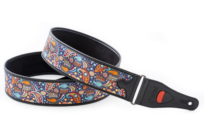 Courroie modèle KASHMIR BLEU, tissu, extrémités synthétique, largeur 6 cm, longueur 90 à 150 cm, porte-médiators intégré, unic