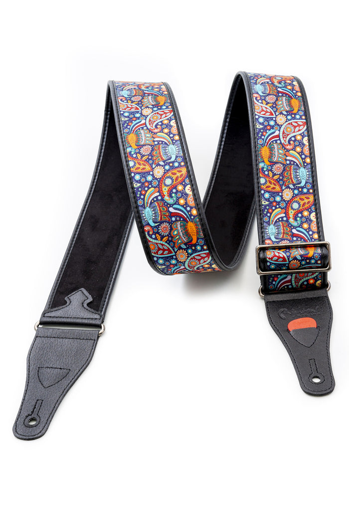 Courroie modèle KASHMIR BLEU, tissu, extrémités synthétique, largeur 6 cm, longueur 90 à 150 cm, porte-médiators intégré, unic