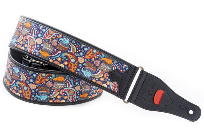 Courroie modèle KASHMIR BLEU, tissu, extrémités synthétique, largeur 6 cm, longueur 90 à 150 cm, porte-médiators intégré, unic