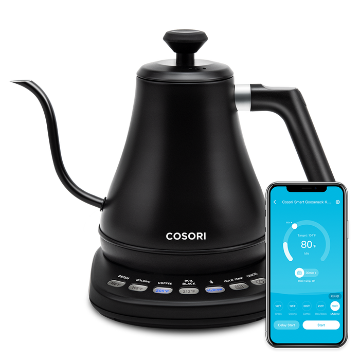 COSORI Smart Electric Gooseneck Kettle with curved gooseneck spout and cordless base