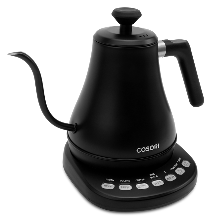 Front angled view of COSORI Smart Electric Gooseneck Kettle on temperature control base