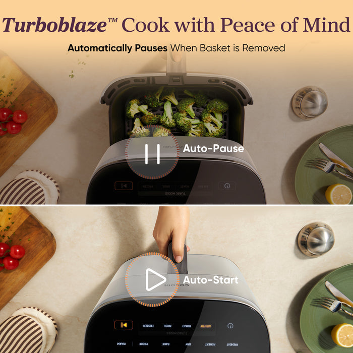 COSORI TurboBlaze air fryer auto pause and auto start safety feature when basket removed